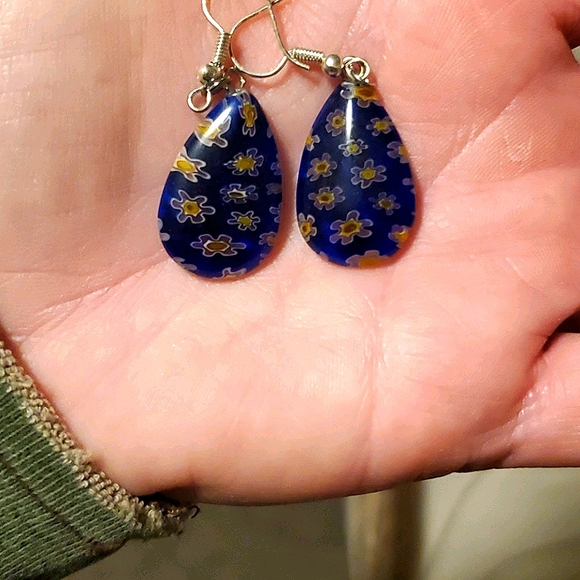 *Sale* New Pear Shaped Blue Millefiori Glass Earrings. - Picture 2 of 9